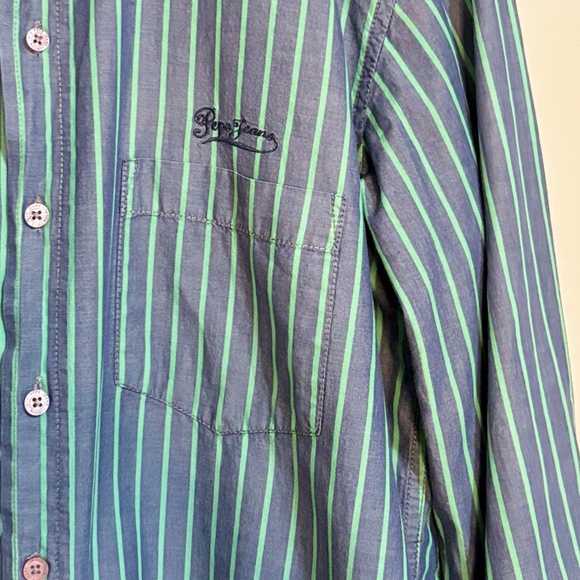$15⚡️Vintage Pepe Jeans Purple Cotton Button Up Dress Shirt Green Stripes - Picture 4 of 15